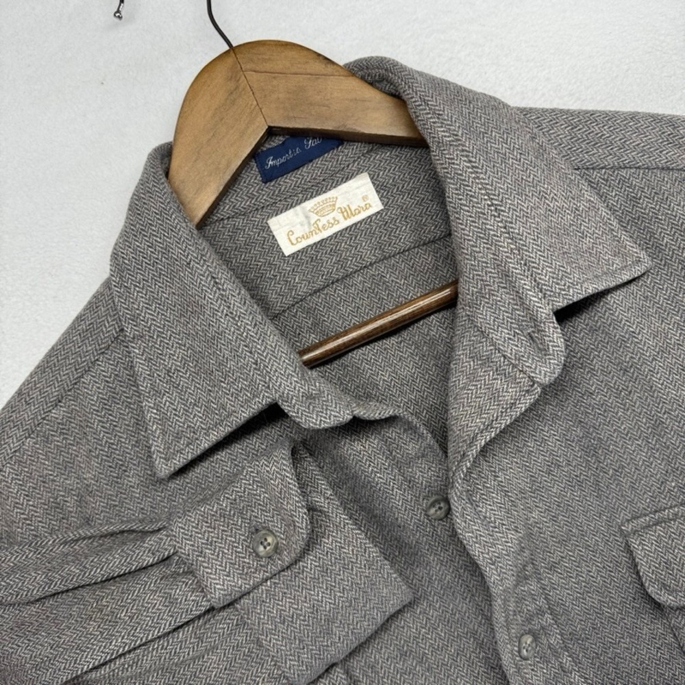 Vintage Countess Mara Wool Shirt Men's XL Gray Herringbone Woolite Dry Clean 80s